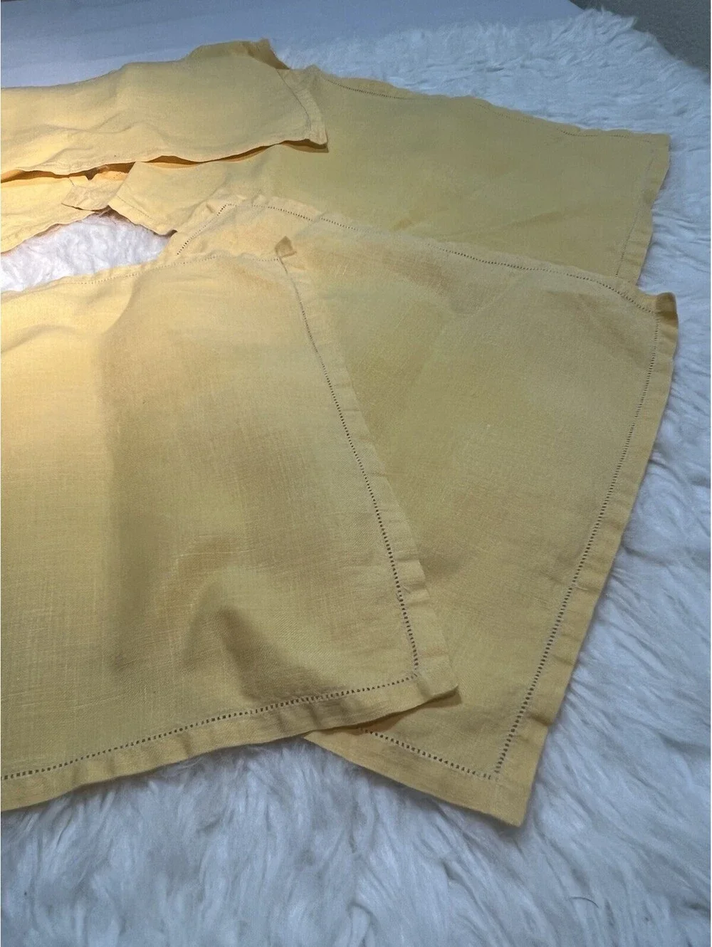 Vintage Set of 3 napkins & placemats Yellow linen hemstitch border.